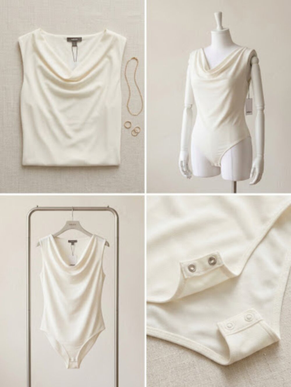 Women's sleeveless Drape cowl Neck Bodysuit off white Ivory Cream white XL